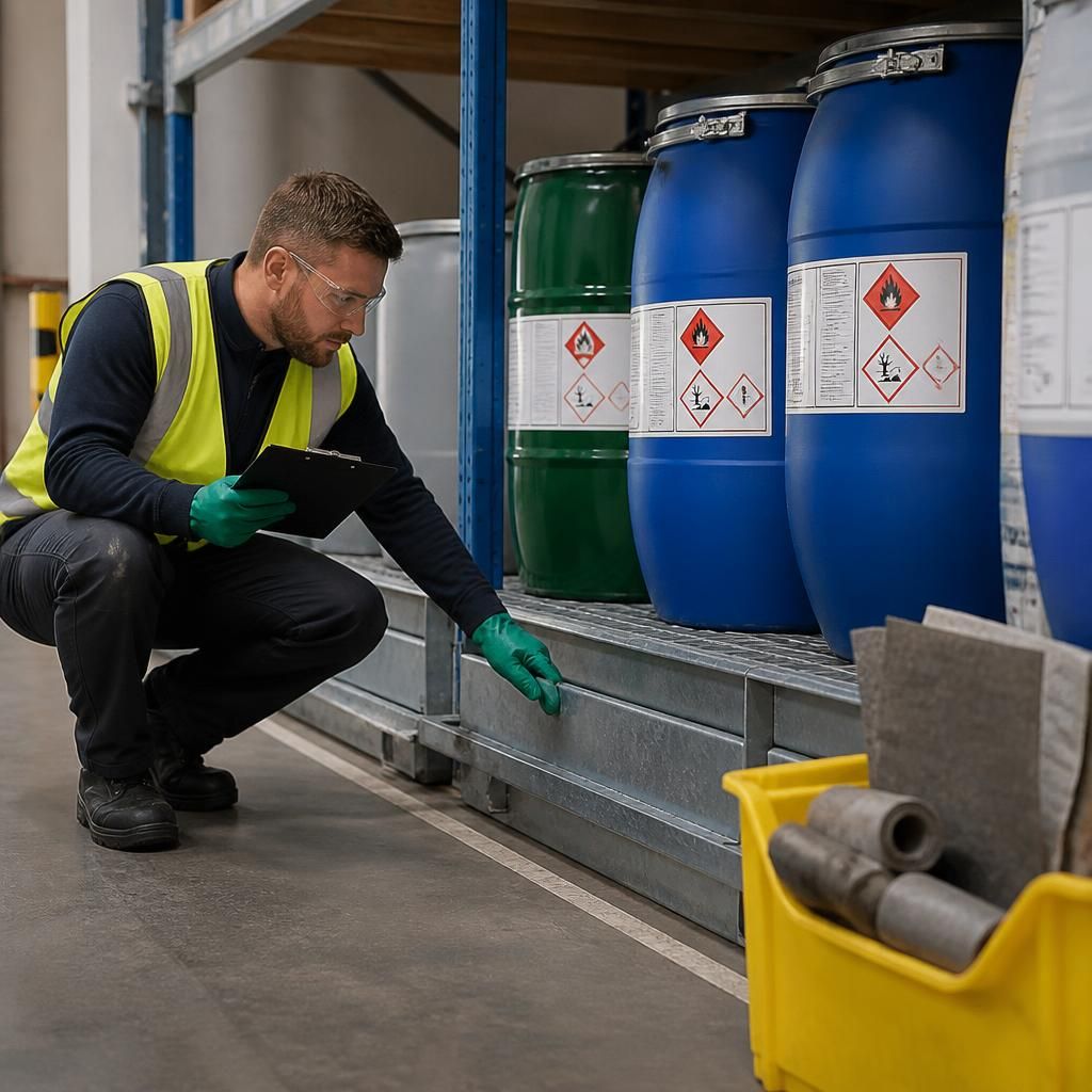Worker checking bunded chemical drum storage, container labels and spill-control equipment