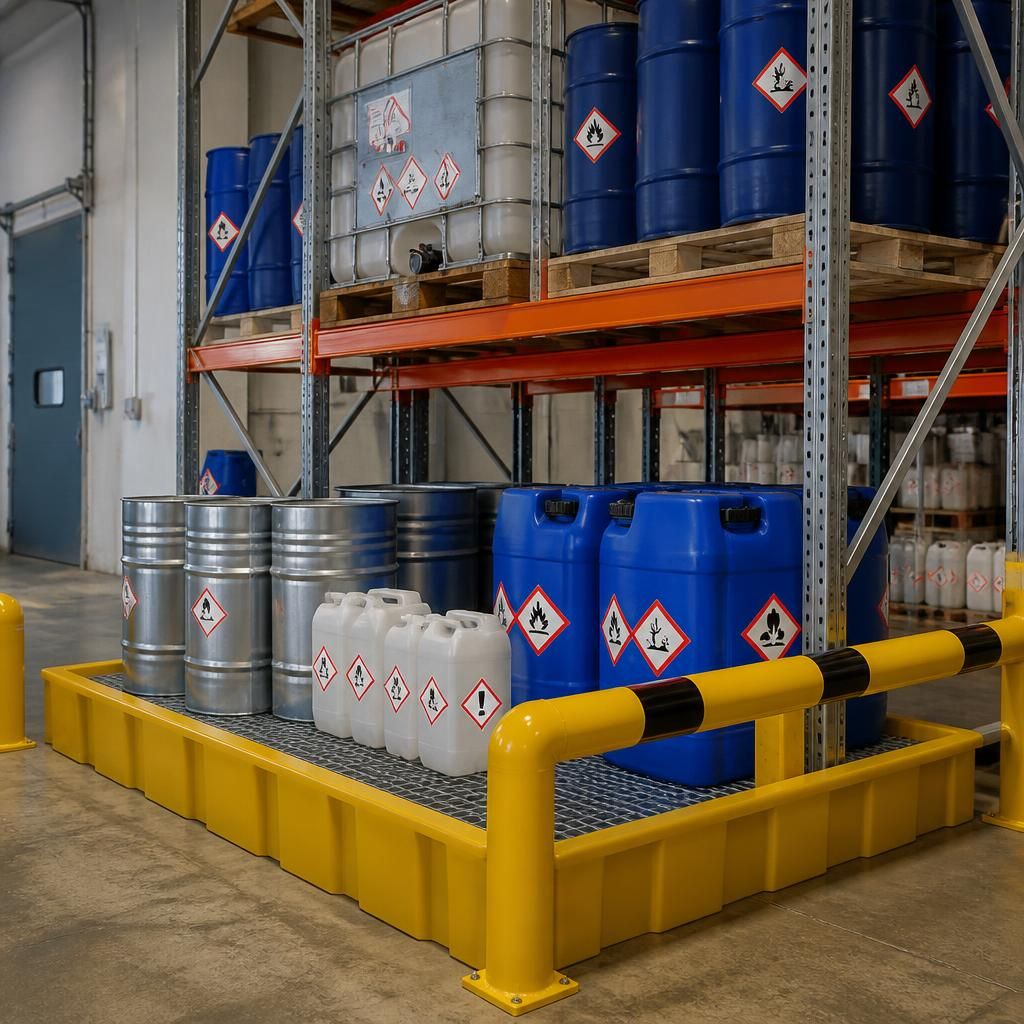 Hazardous material containers on storage racking beside bunded spill containment and safety barriers
