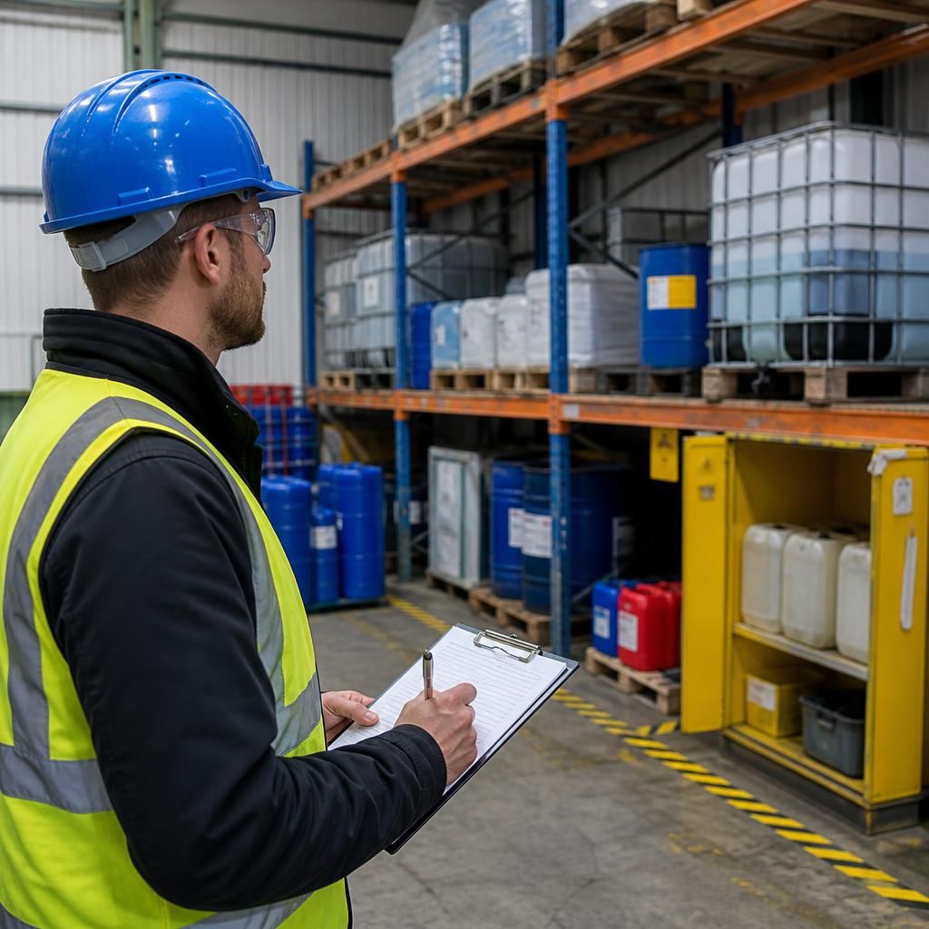 Surveyor reviewing warehouse layout, hazardous substance containers and marked access routes