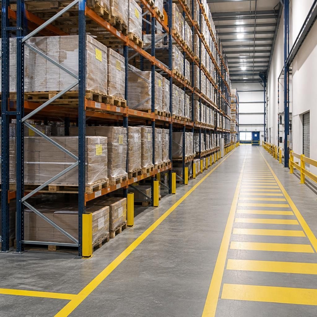 Palletised goods stored in racking beside a marked warehouse walkway
