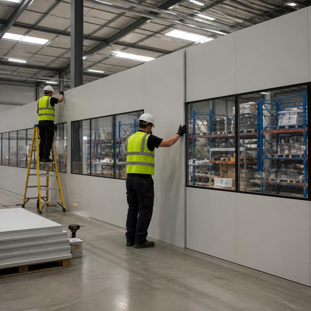 Industrial partition panels being installed around a warehouse work area