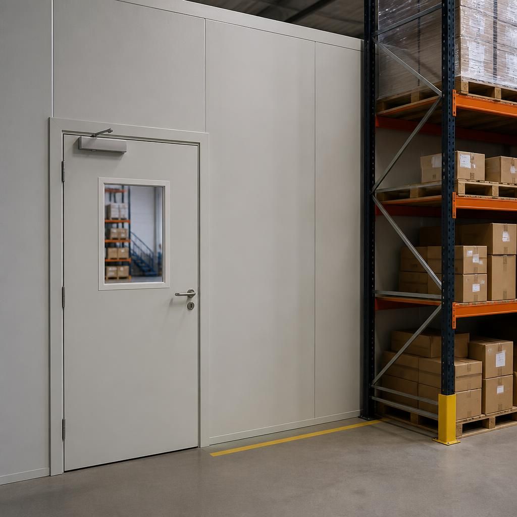 Industrial partition with a personnel door beside warehouse shelving