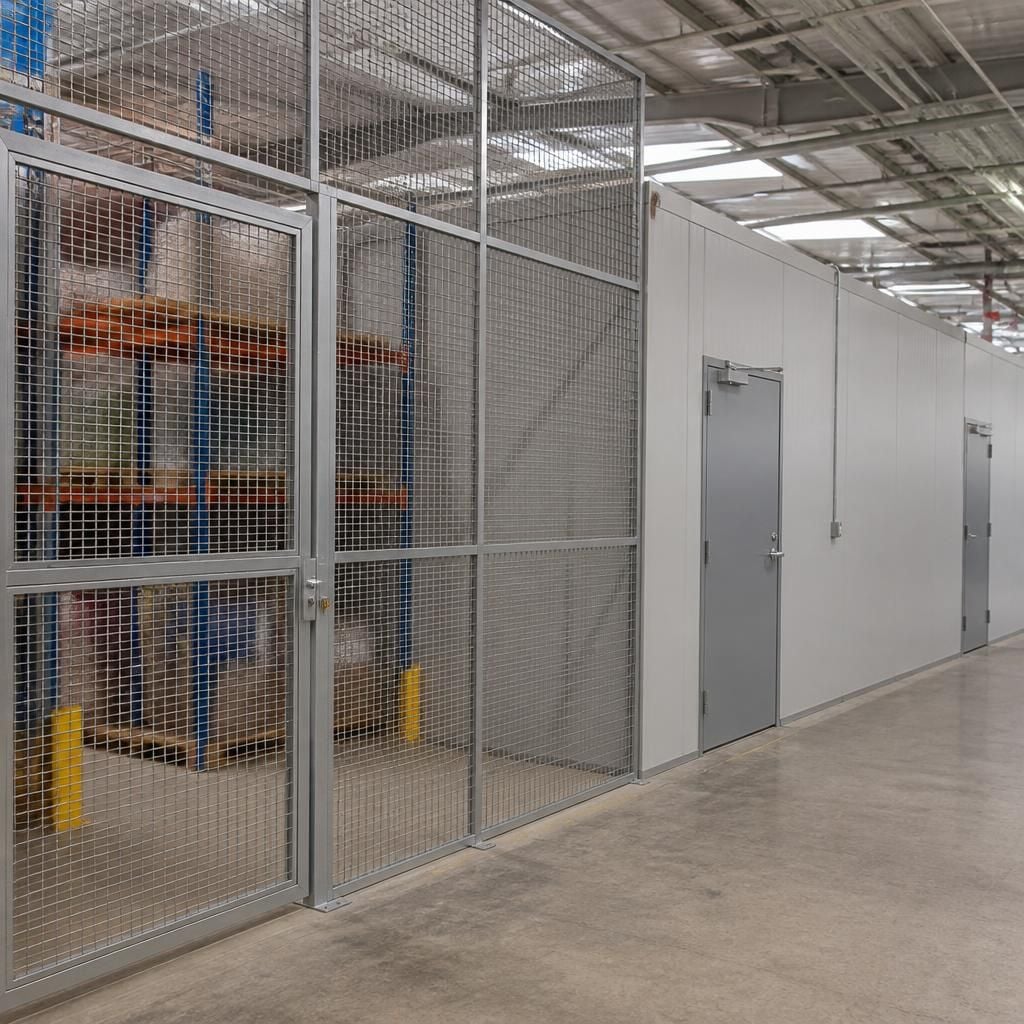 Mesh and solid industrial partition panels with access doors in a warehouse