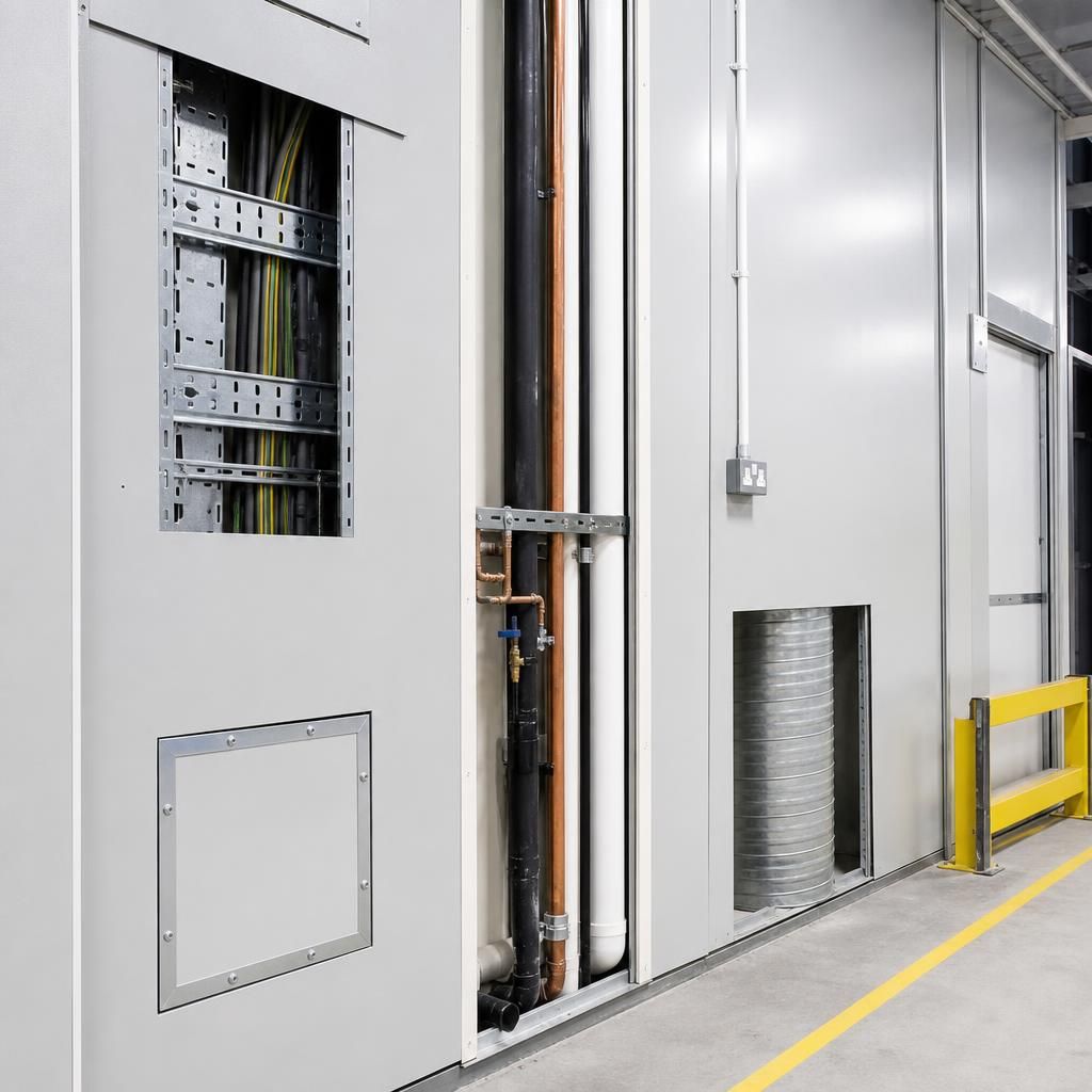 Industrial partition panels with electrical cables, pipework and ventilation ducting routed through service openings
