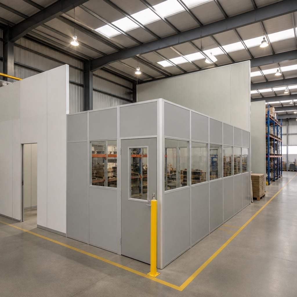 Fixed and modular partition panels dividing warehouse work areas