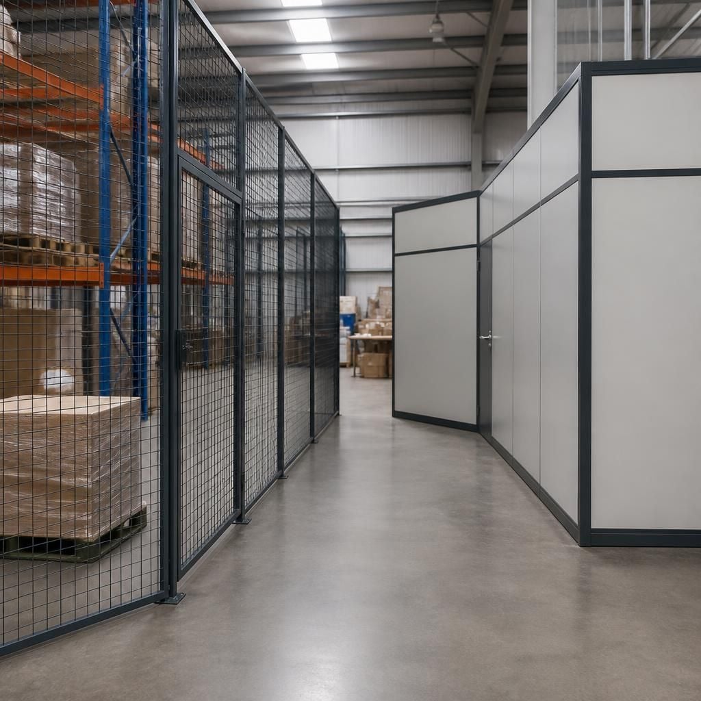 Mesh and solid industrial partition panels dividing areas within a warehouse