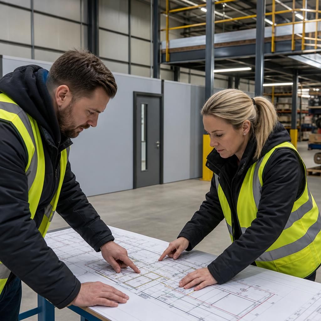 Working drawings showing industrial partitioning, doors and service routes in a warehouse