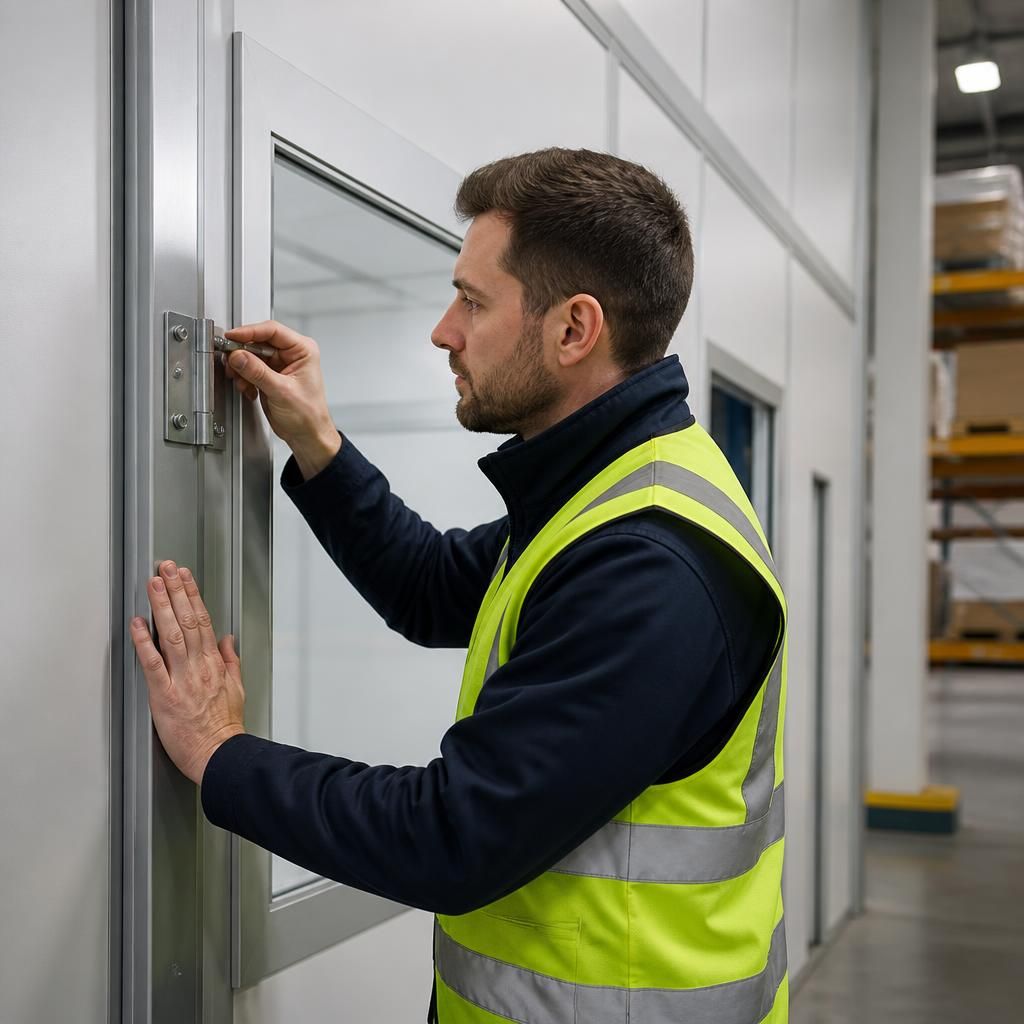 Industrial partition panels, door fittings and fixings being checked in a warehouse