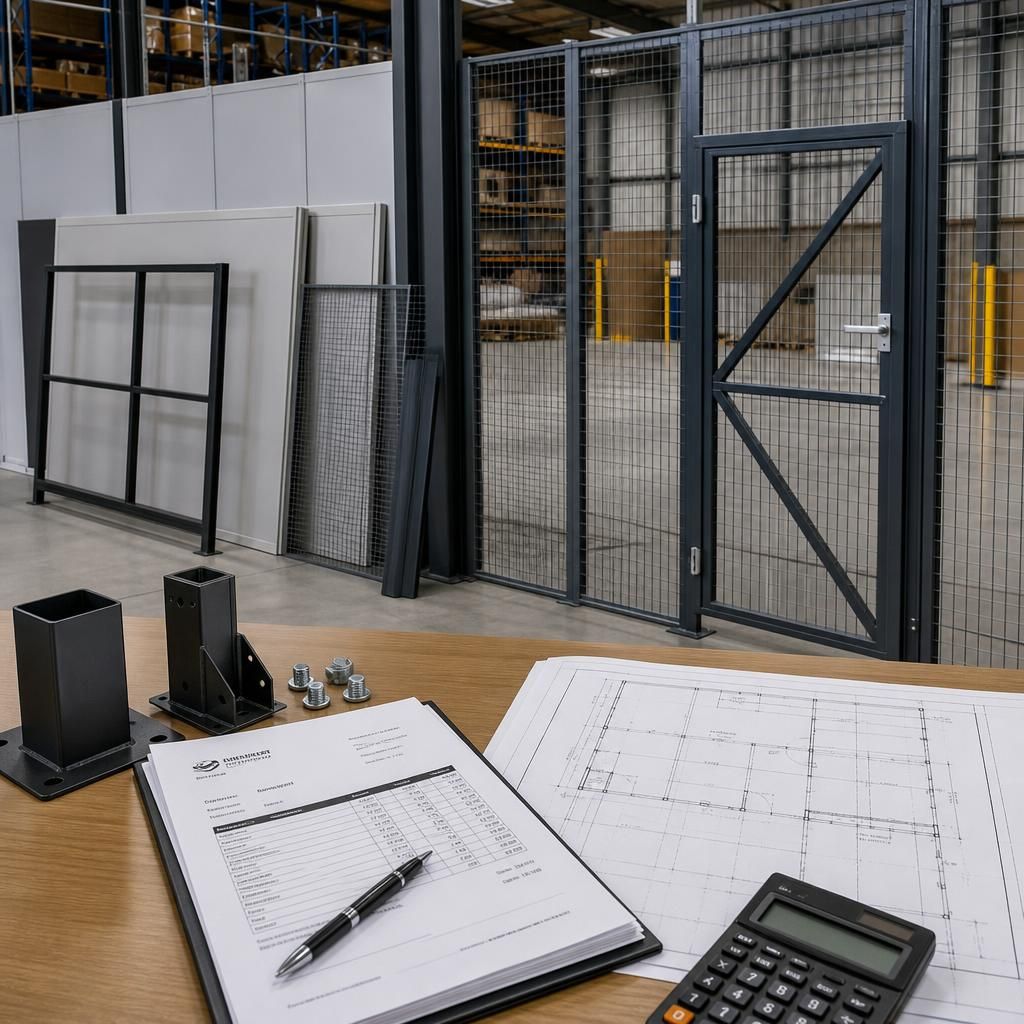 Warehouse partition panels, framing and gates shown beside a quotation and floor plan