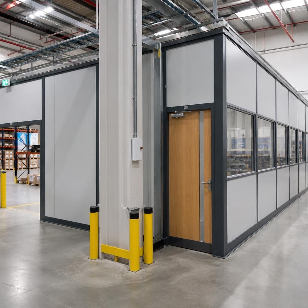 Industrial partition panels fitted around columns, services and access routes