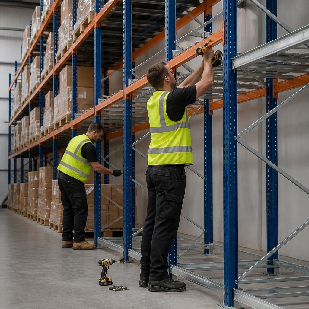 Installers fitting industrial shelving beside stored warehouse stock