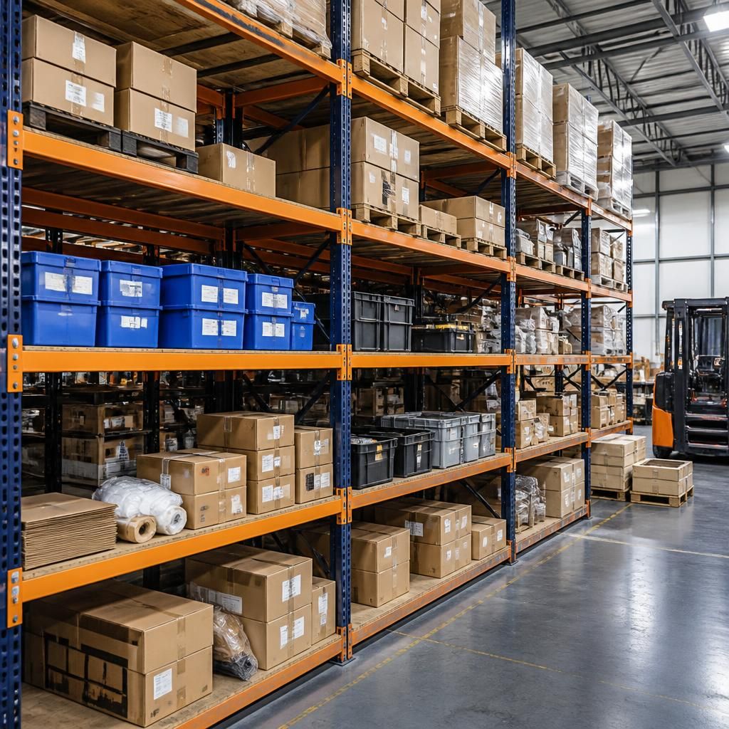 Industrial shelving holding cartons, containers and varied stock in a warehouse