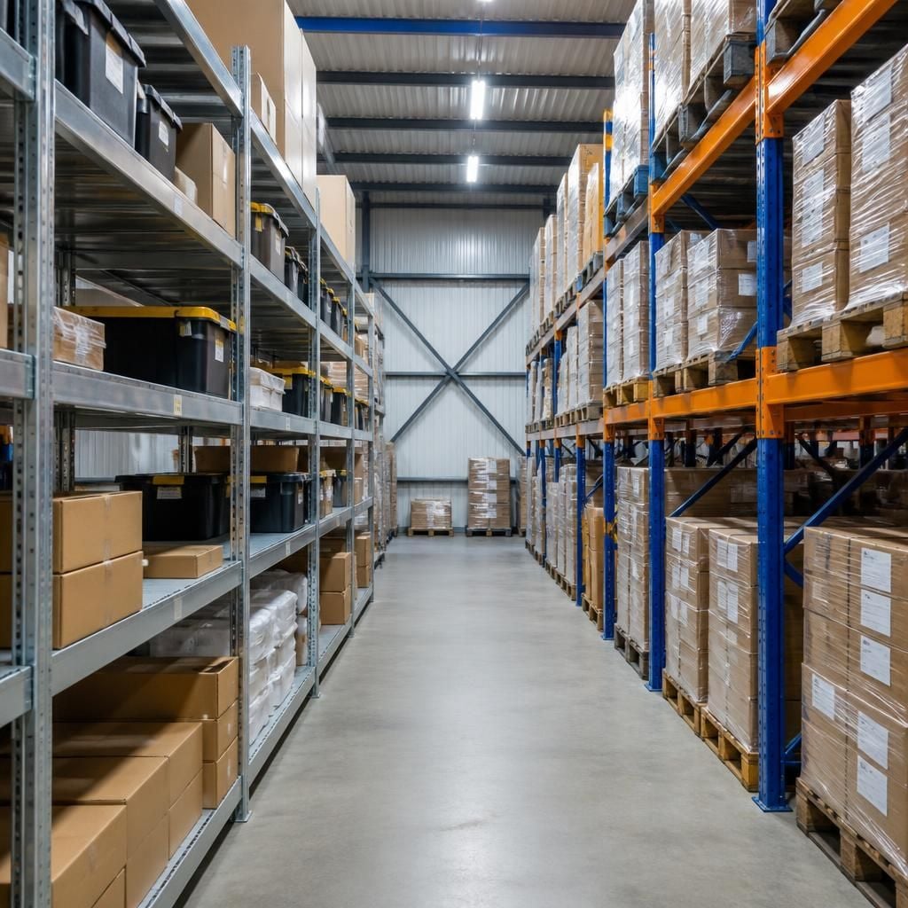 Boltless and fixed industrial shelving holding boxes in a warehouse
