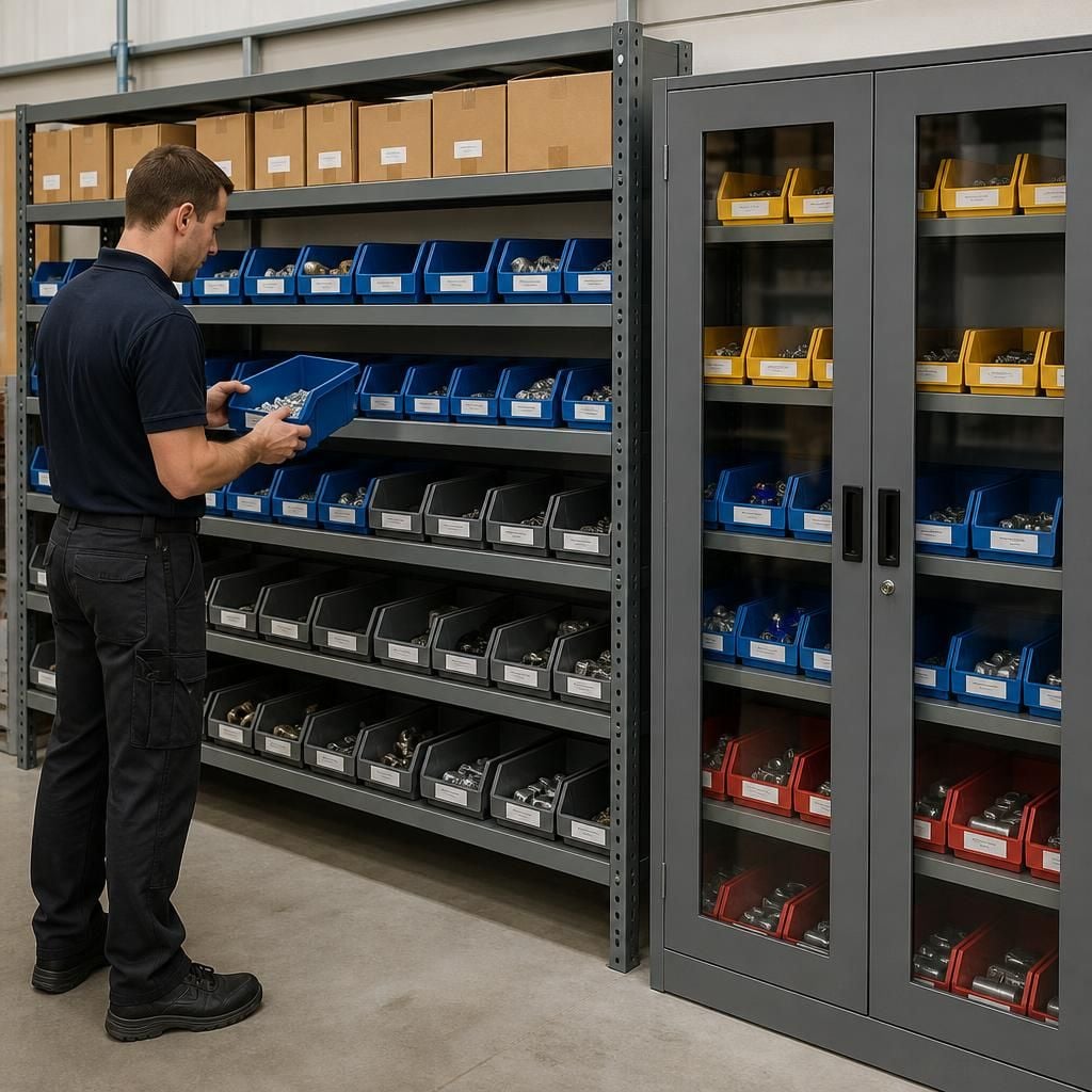 Industrial shelving with labelled storage bins and metal cabinets for small parts