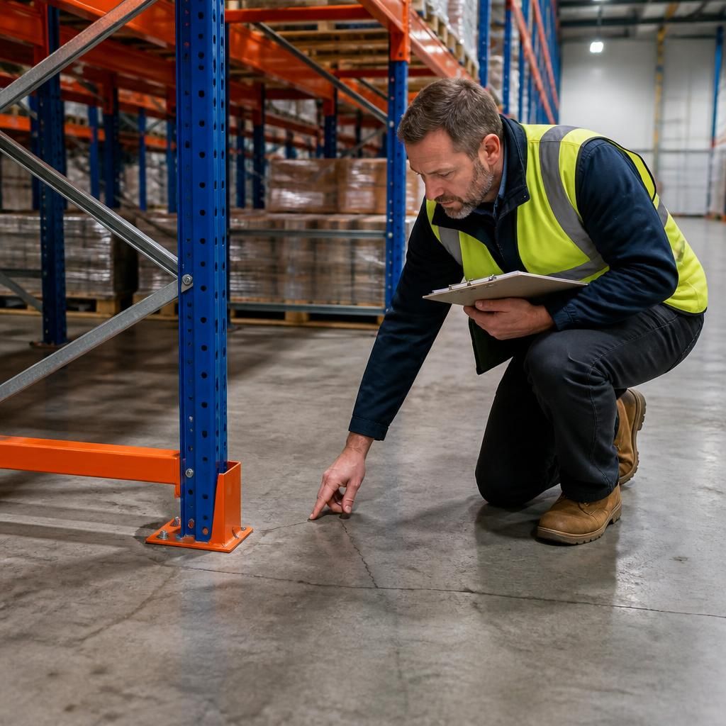 Surveyor checking a warehouse floor beside pallet racking during an industrial storage assessment