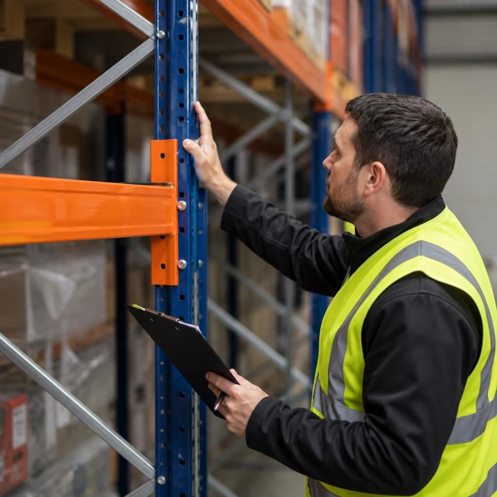 Inspector examining industrial shelving uprights and beam connections