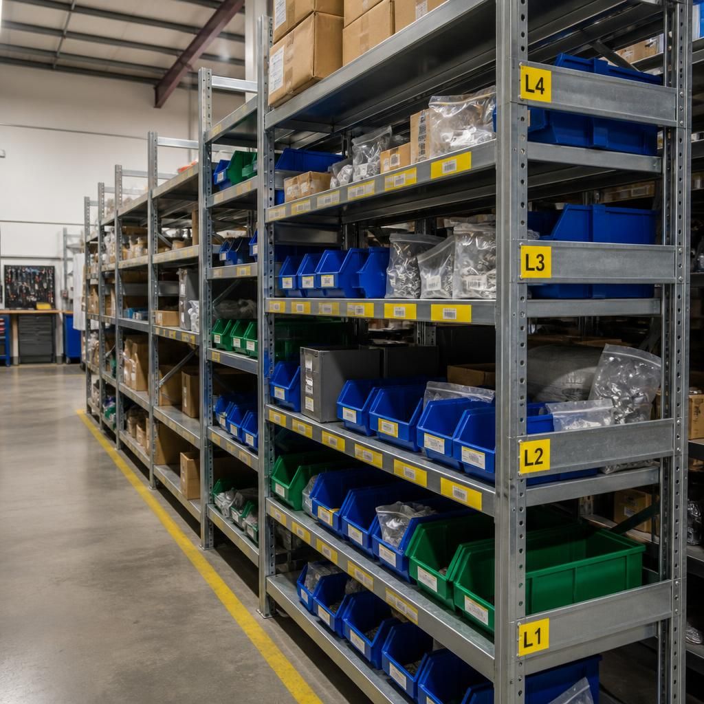 Industrial shelving with labelled levels, storage bins and clear access between bays