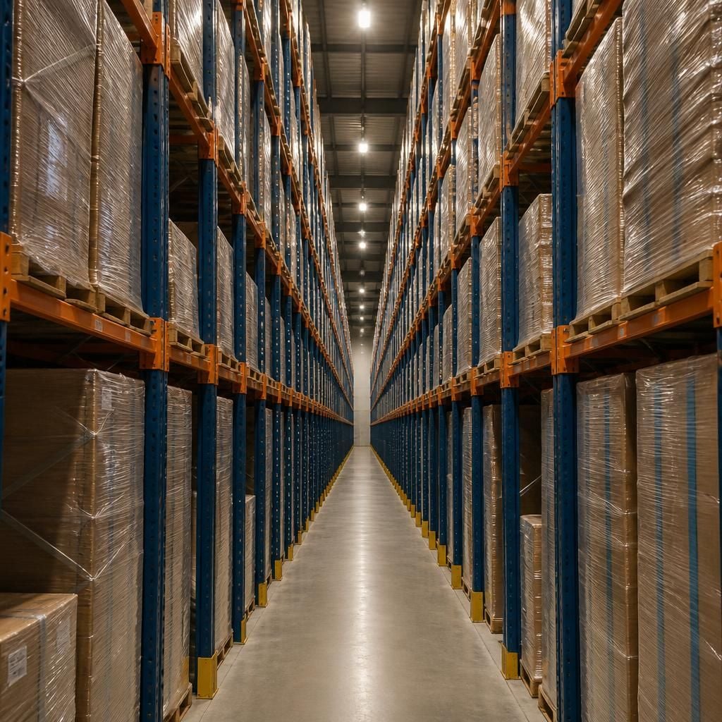 Pallets stored in deep lanes within a warehouse racking system