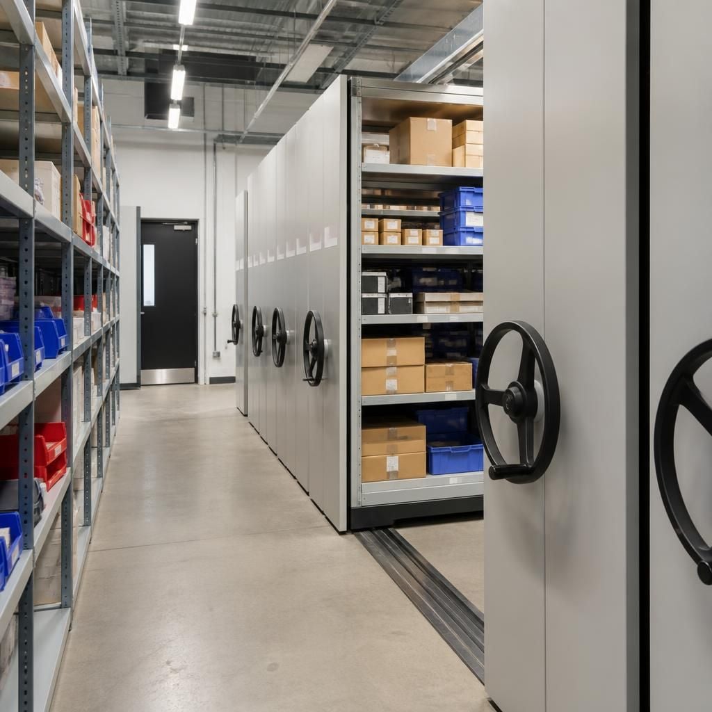 Mobile shelving units arranged in a compact industrial storage aisle