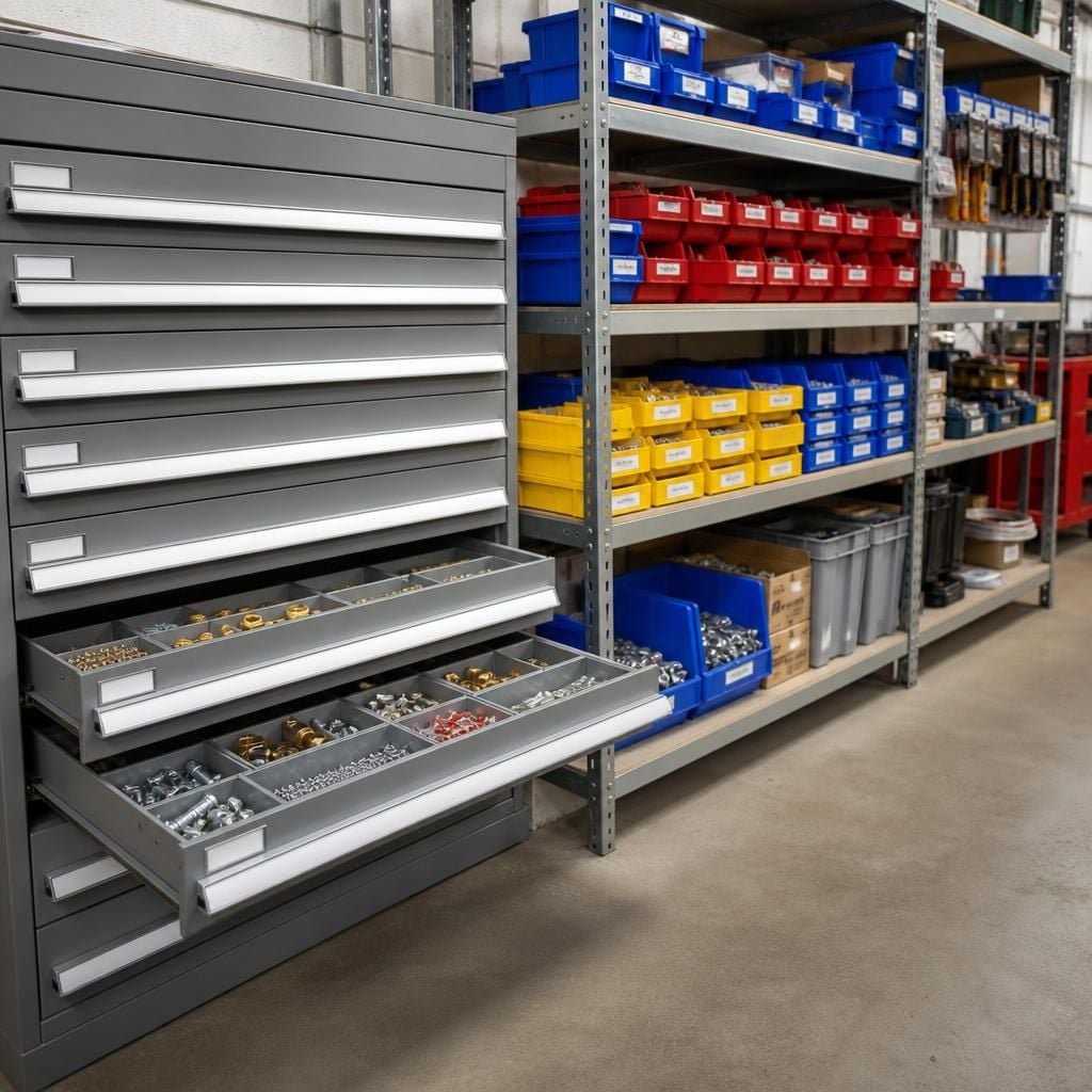 Industrial drawer cabinets beside open shelving with labelled component containers