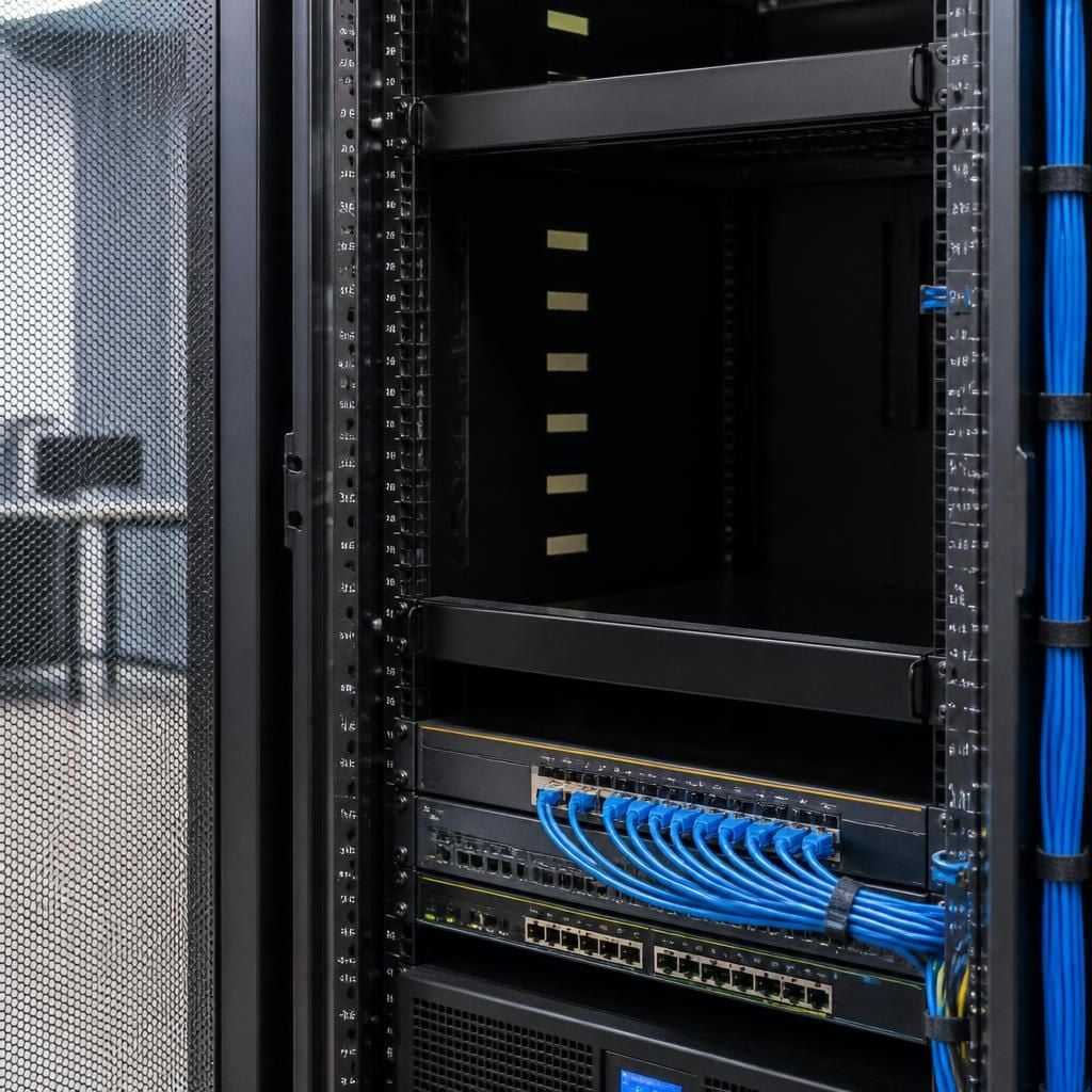 Server rack cabinet with spare rack units, adjustable rails and organised cables