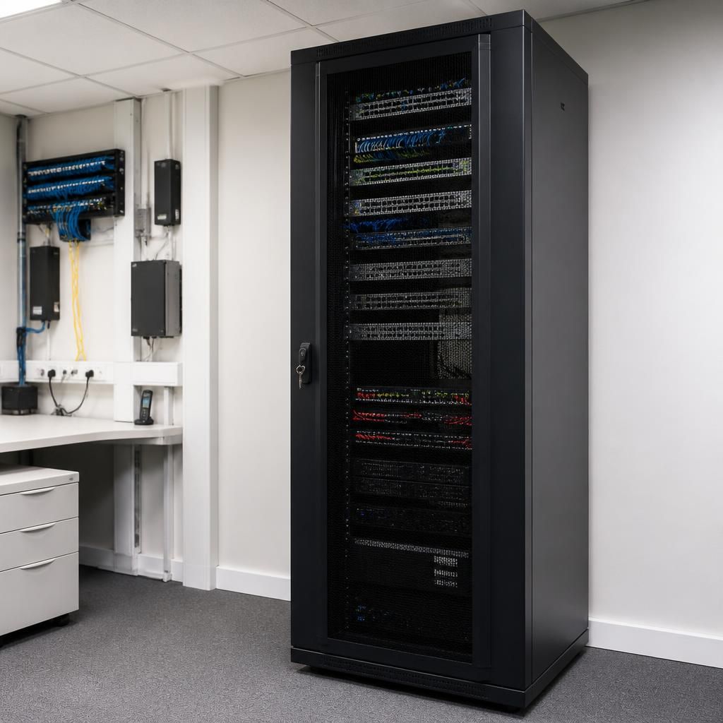 Server rack cabinet beside network equipment in an office room