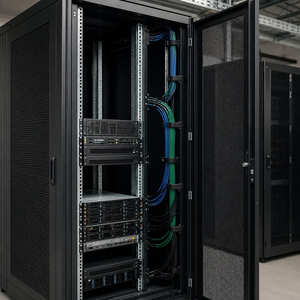 Open server rack cabinet showing mounted equipment and rear cable space