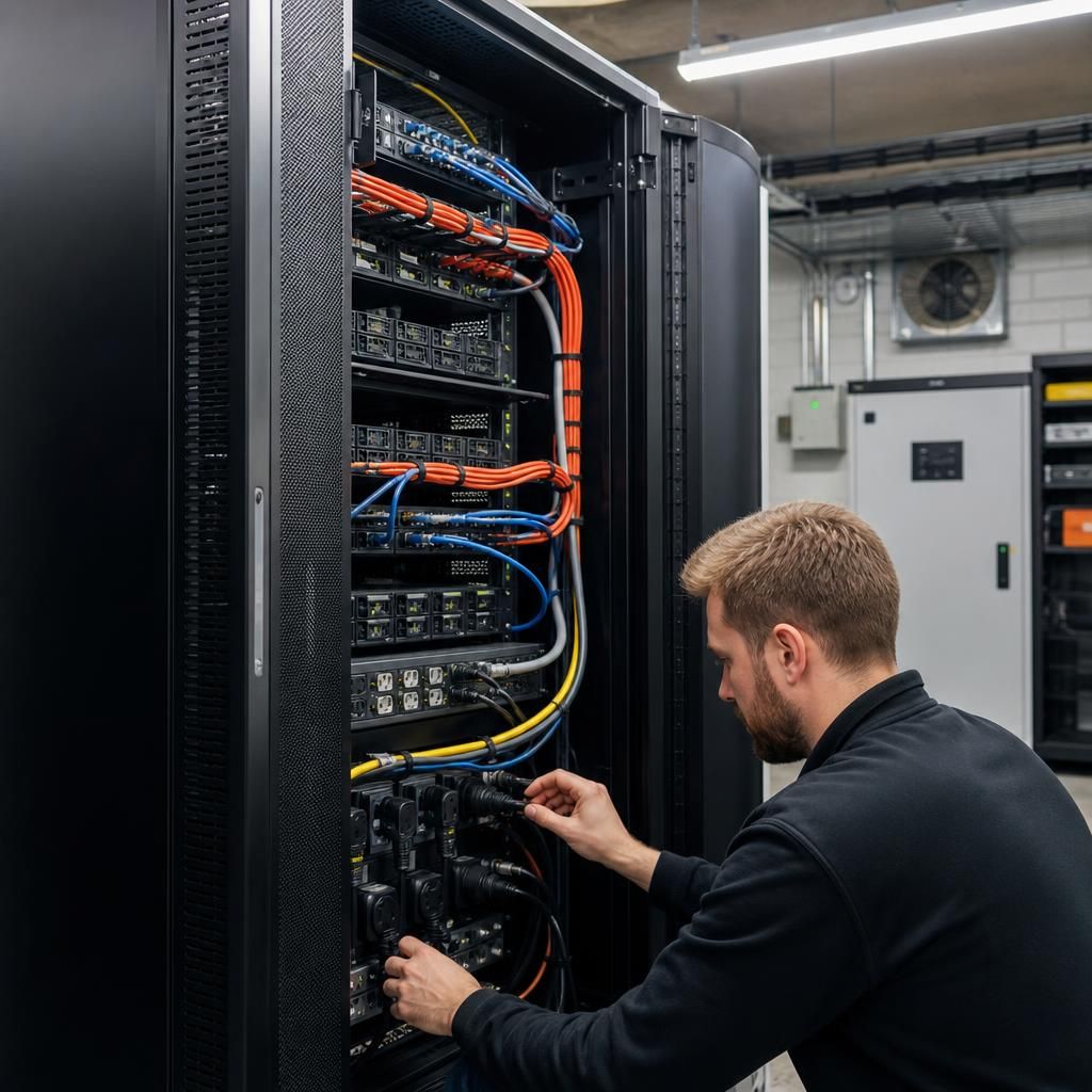 Server rack cabinet with organised power and data cables in a plant room