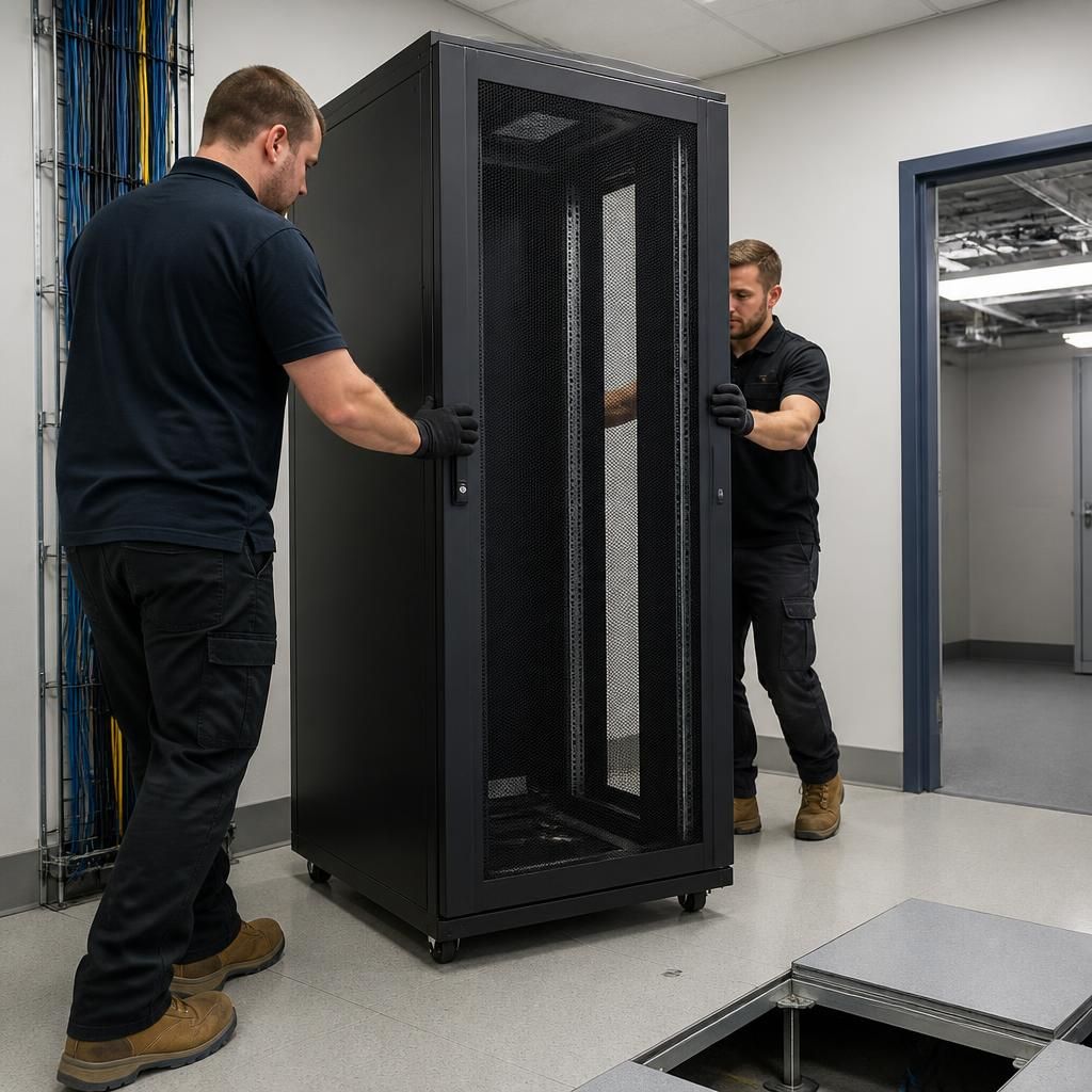 Server rack cabinet being positioned in a prepared workspace
