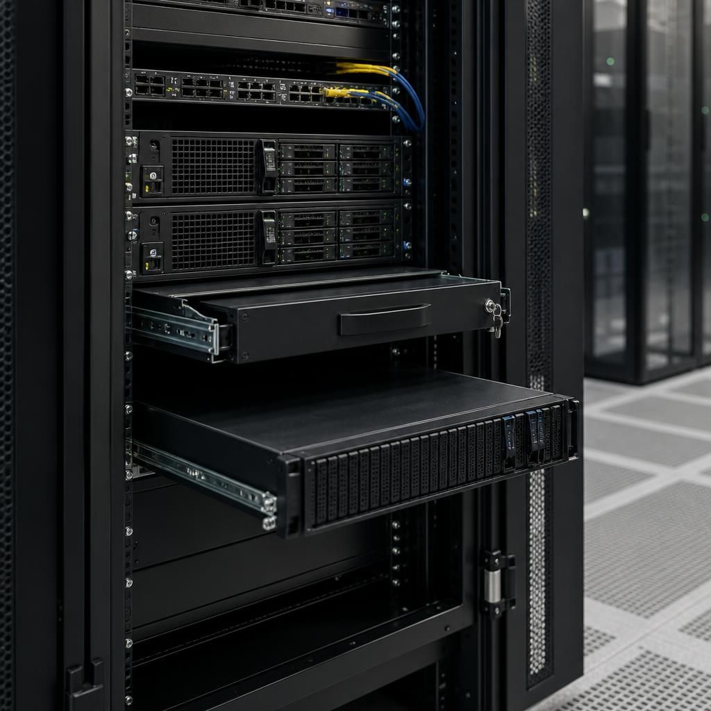 Server rack cabinet containing mounted servers, network switches and rack drawers