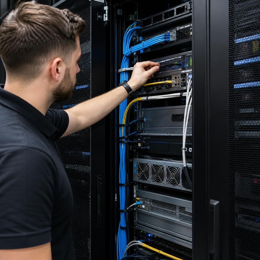 Technician inspecting cables and ventilation inside an open server rack cabinet
