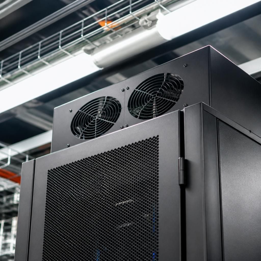 Server rack cabinet with perforated door and roof-mounted cooling fans