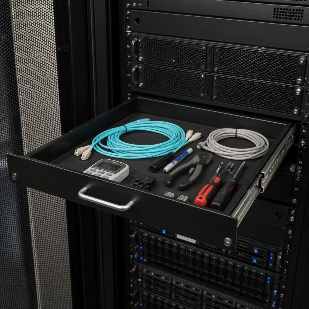 Open 1U rack drawer mounted inside a server cabinet