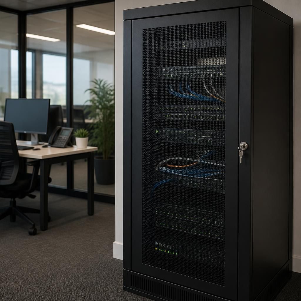 Closed server rack cabinet with lock, mounted network equipment and organised cables