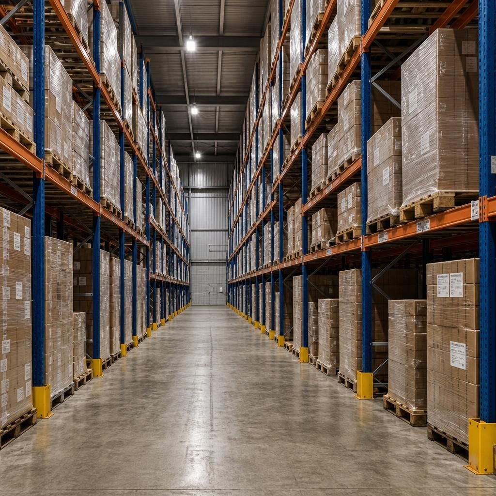 Warehouse aisles showing selective and double-deep pallet racking layouts