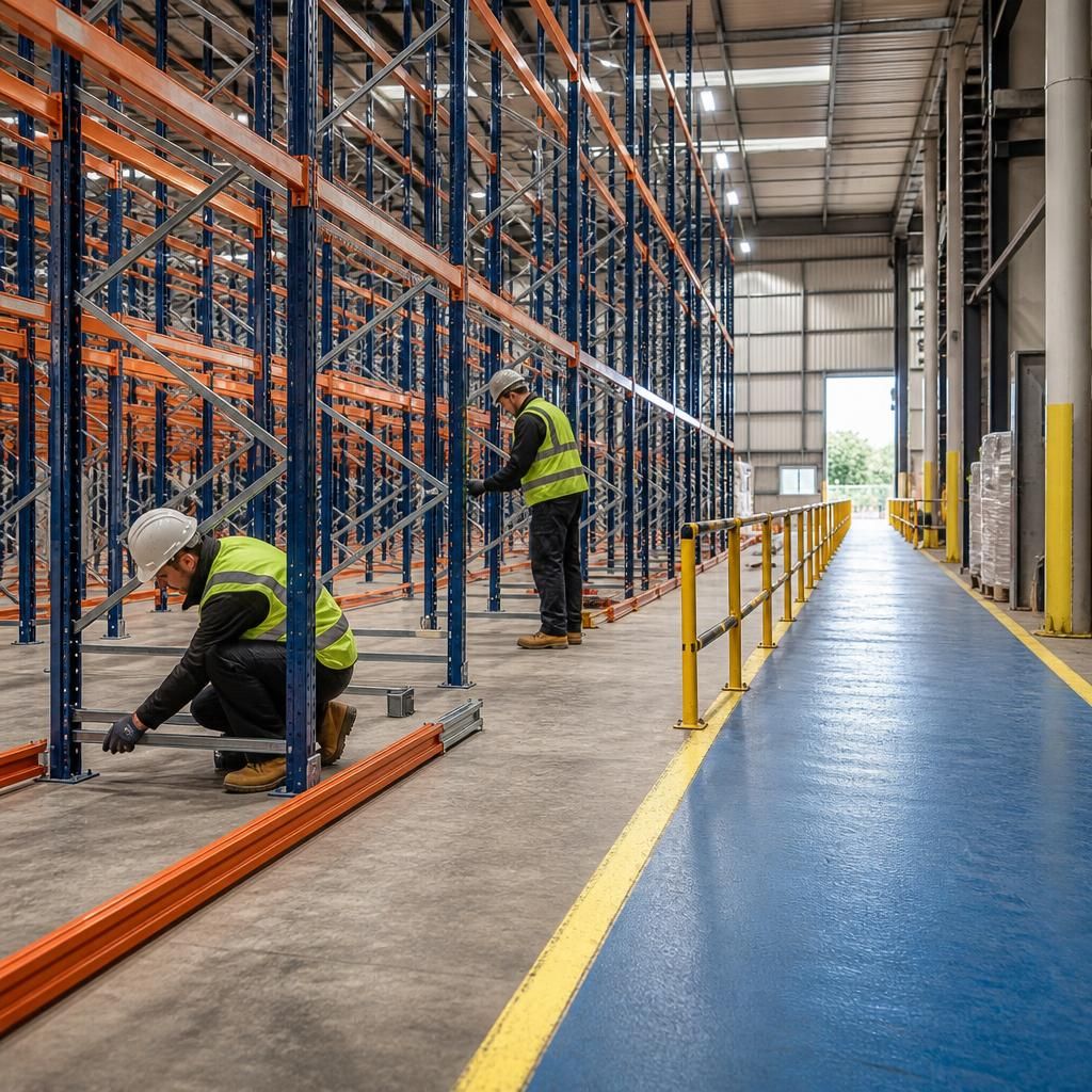 Installers assembling pallet racking beside a segregated warehouse walkway