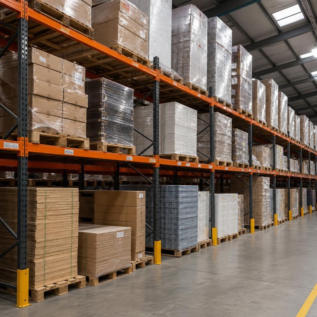 Warehouse pallet racking holding pallets of different heights and sizes