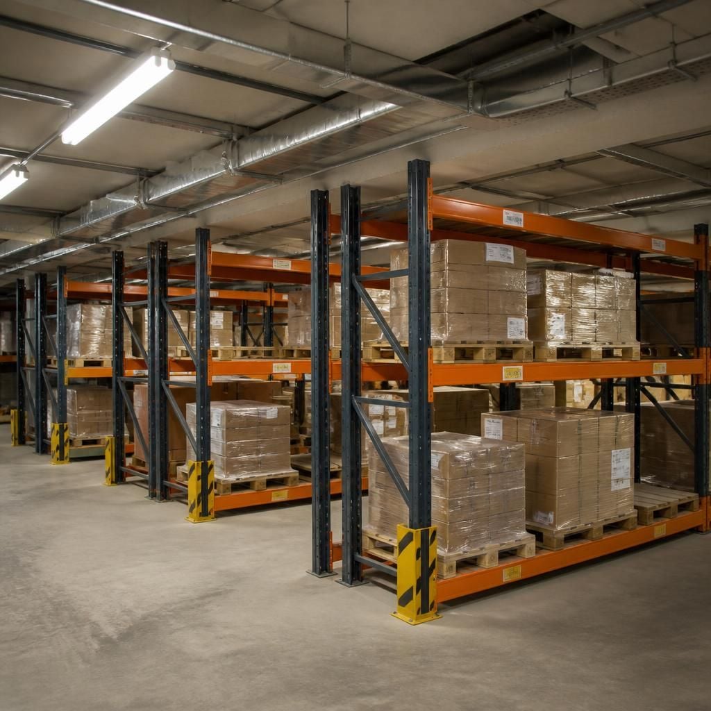 Warehouse pallet racking beneath a low ceiling with lighting and ducting