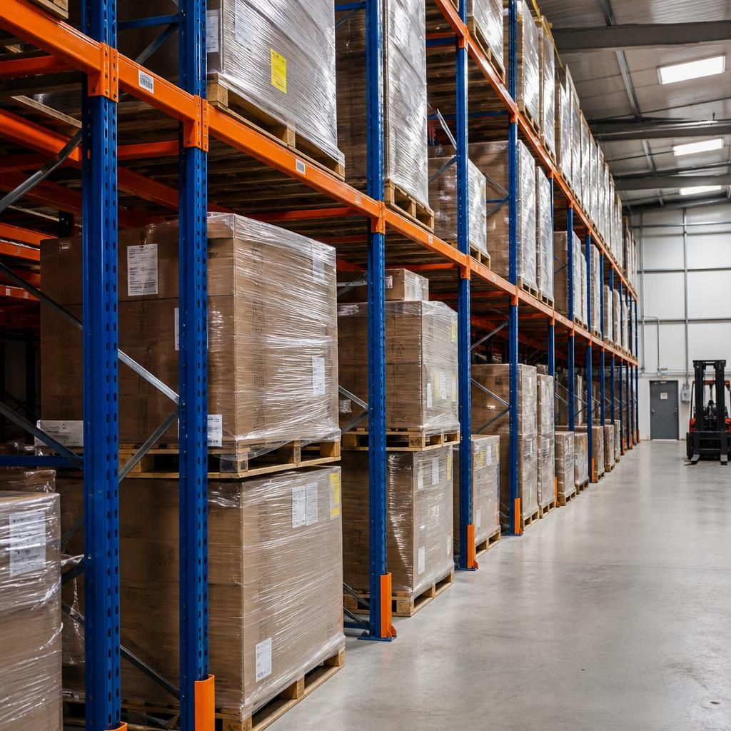 Warehouse aisle showing pallet racking with adjustable beam levels and stored pallets