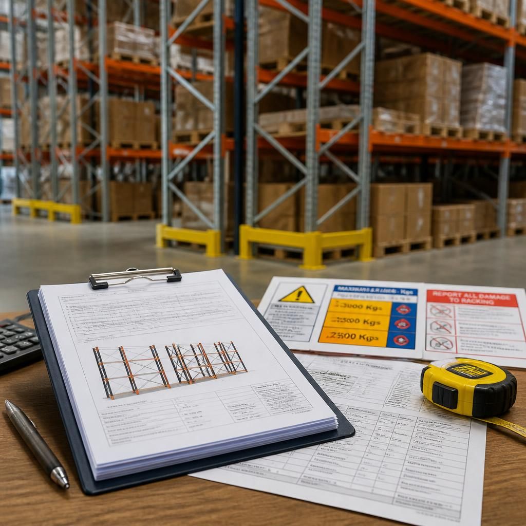 Warehouse pallet racking beside inspection records and load notices on a clipboard