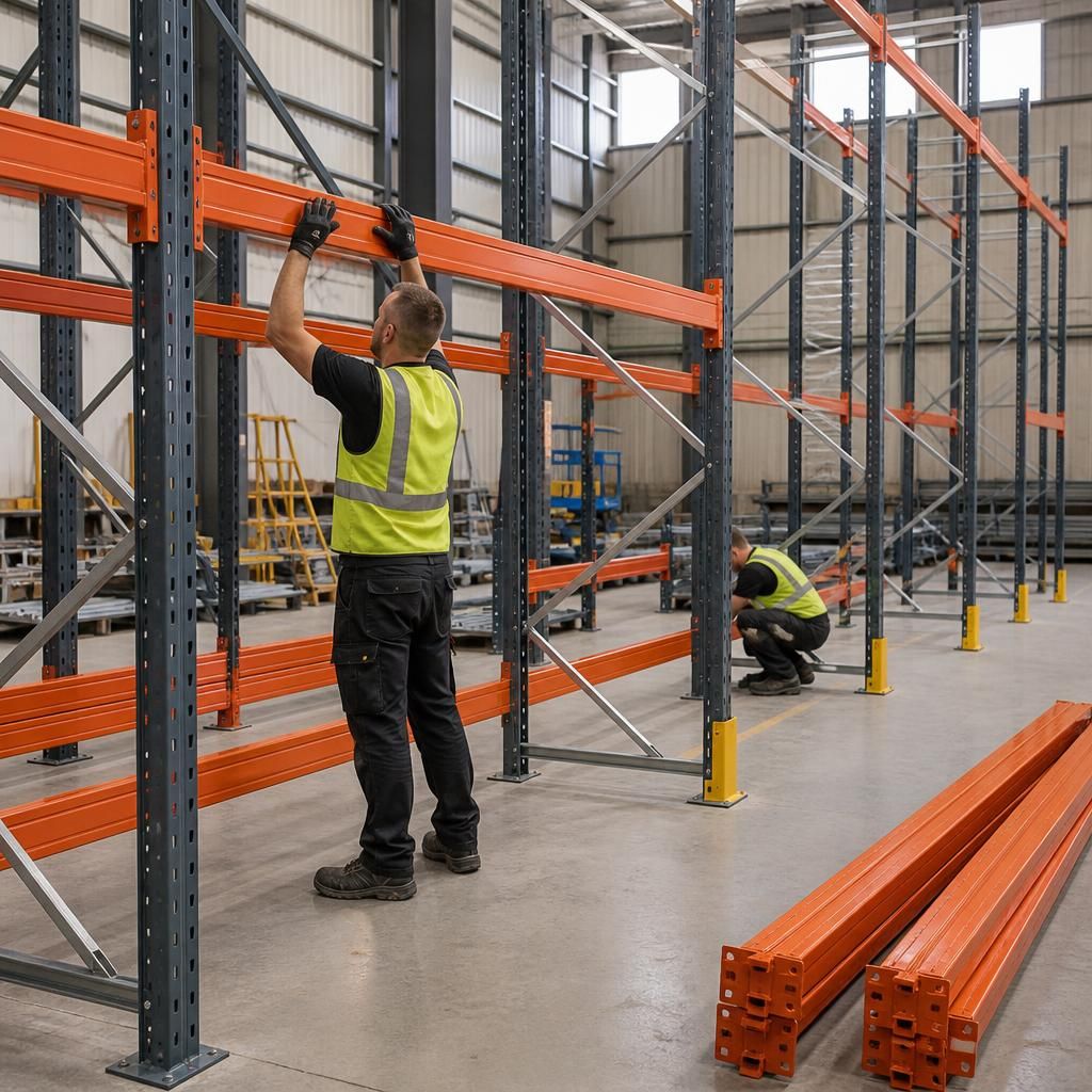 Warehouse pallet racking frames and beams being assembled in an aisle