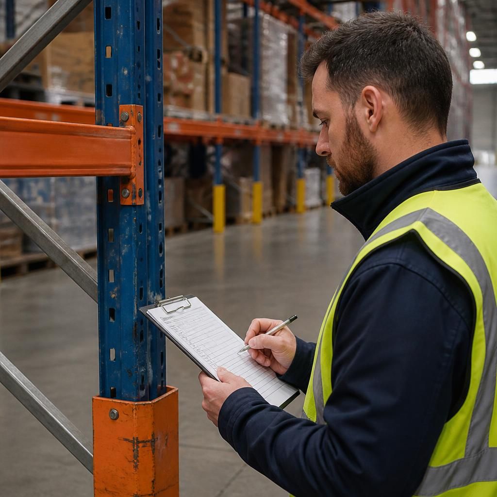 Warehouse pallet racking being inspected with a checklist