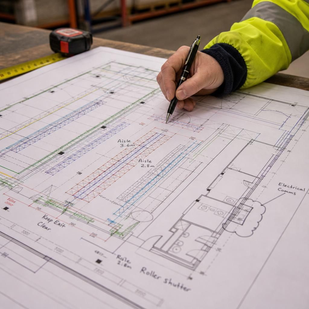 Annotated warehouse plan showing rack lines, aisle positions and building services