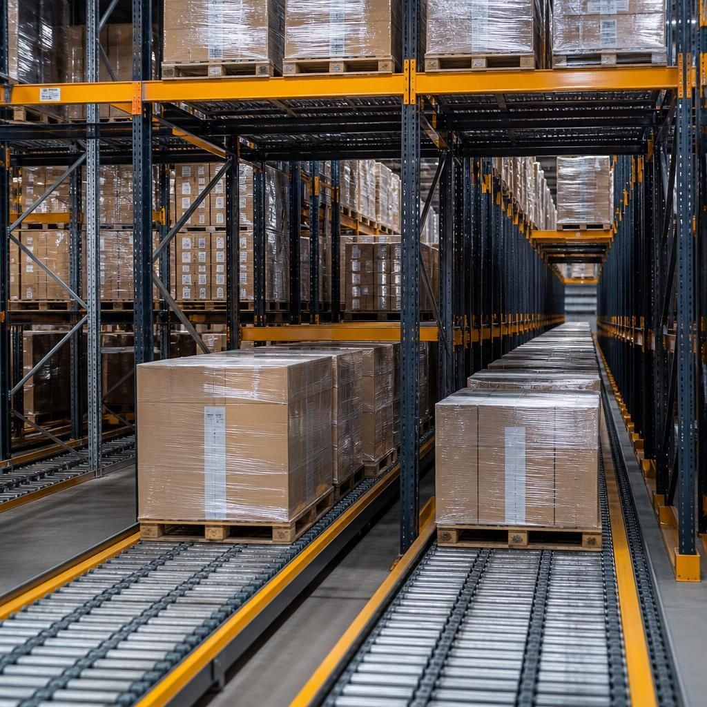 Warehouse pallet flow racking with pallets arranged in loading and picking lanes