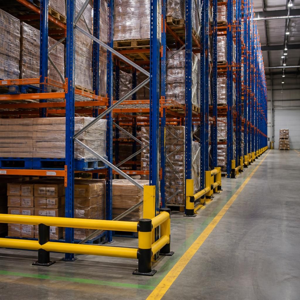 Warehouse pallet racking with stored goods and protective barriers