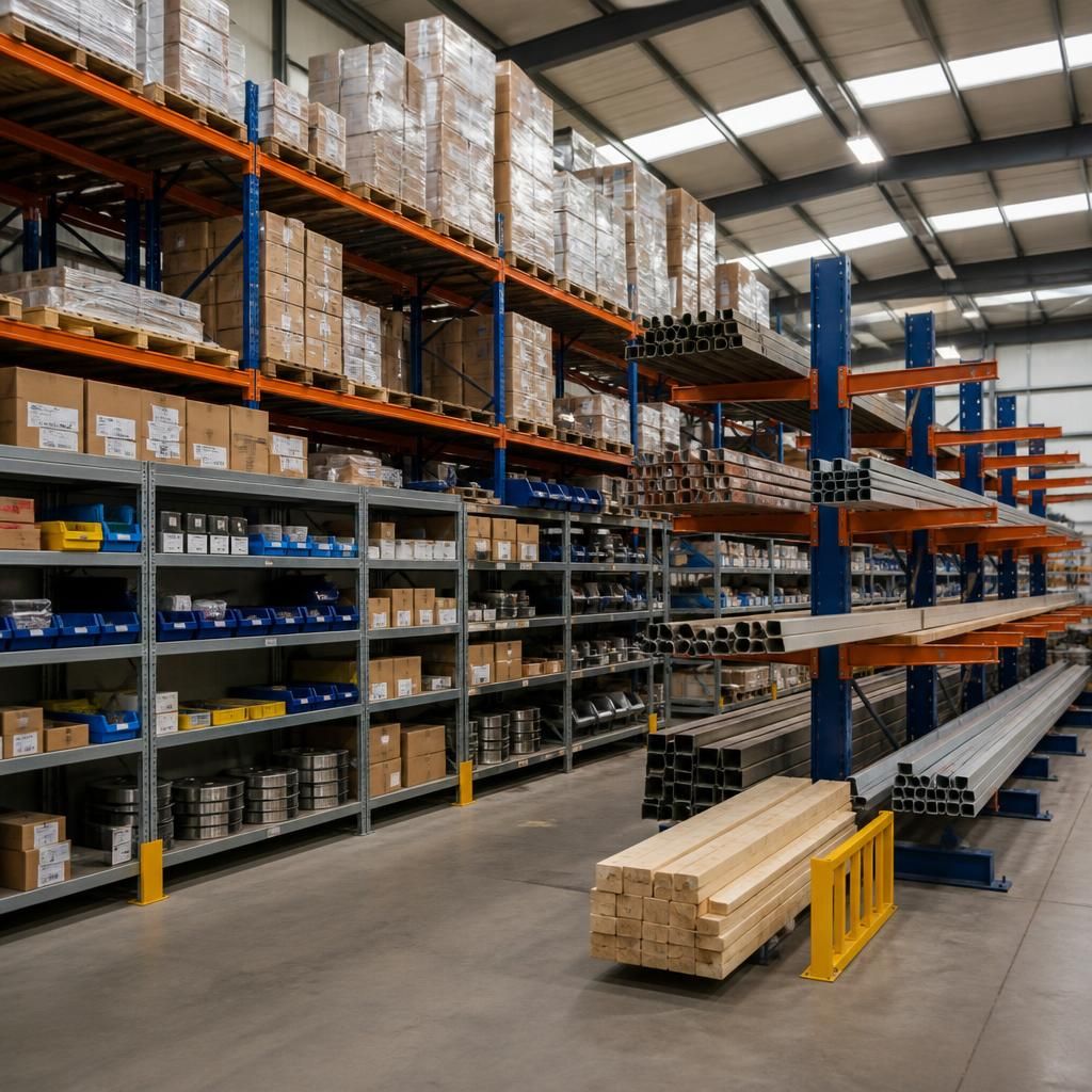 Pallet racking, shelving and cantilever storage holding different stock types in a warehouse