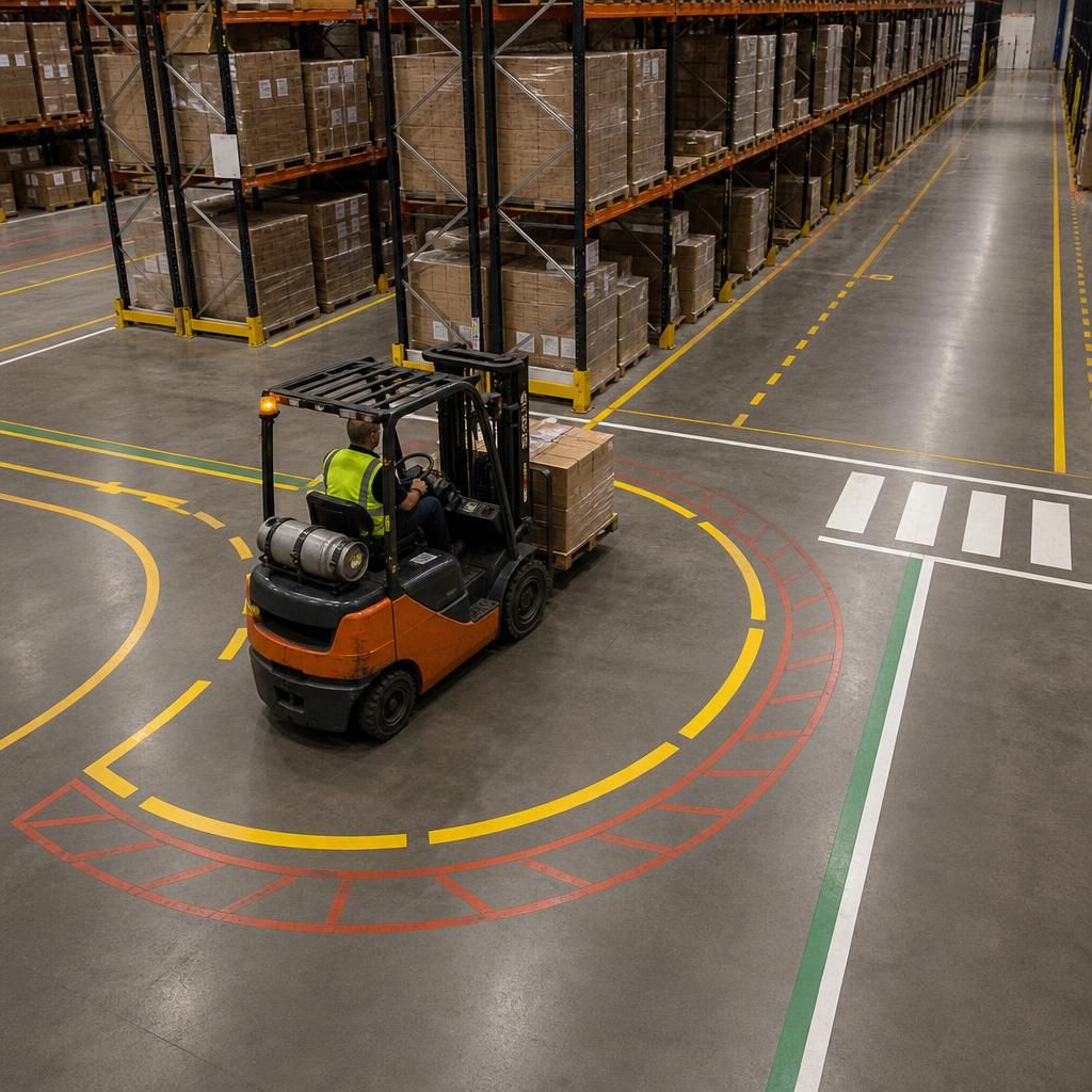 Forklift following marked turning lines beside pallet racking and a pedestrian crossing