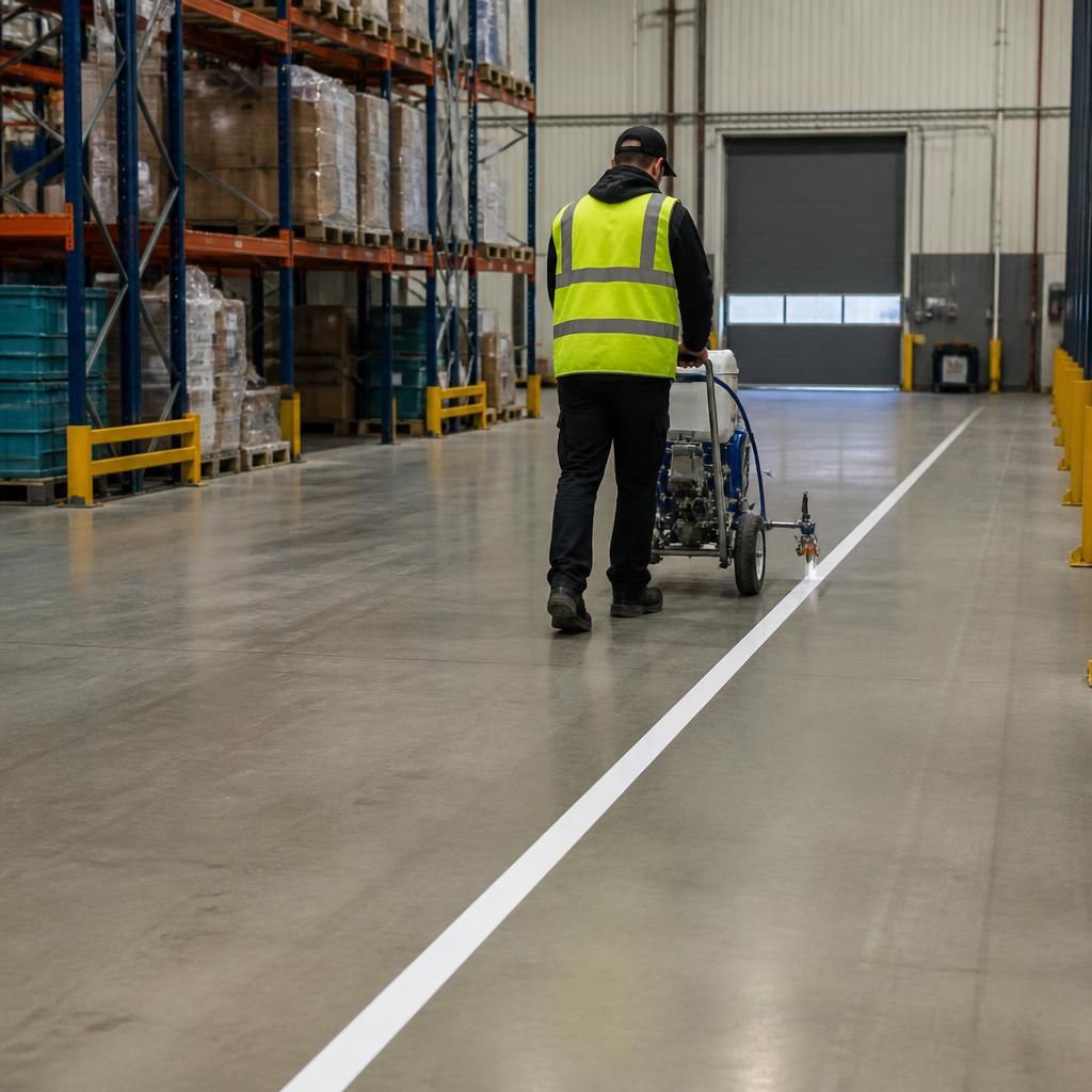 Worker operating a line marking machine along a warehouse floor aisle