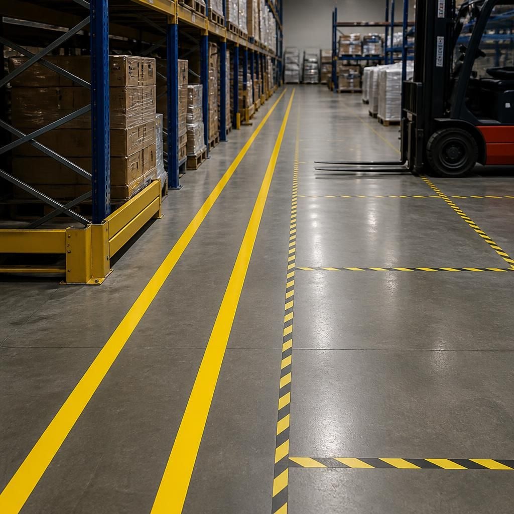 Painted warehouse aisle markings beside taped floor zones