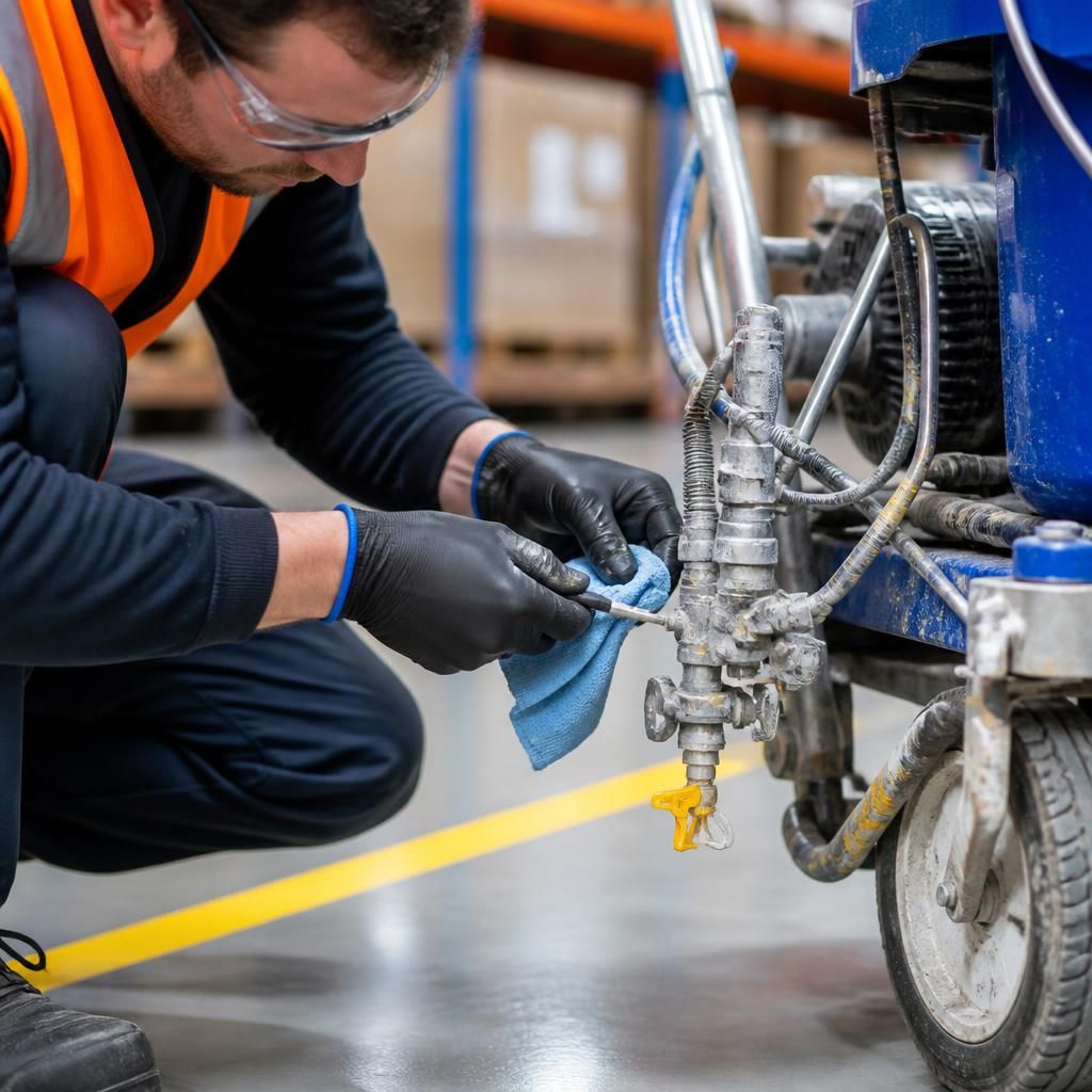 Operator cleaning the spray nozzle of an industrial floor marking machine